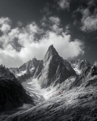 Obraz premium mountain range in black and white with red prayer flag