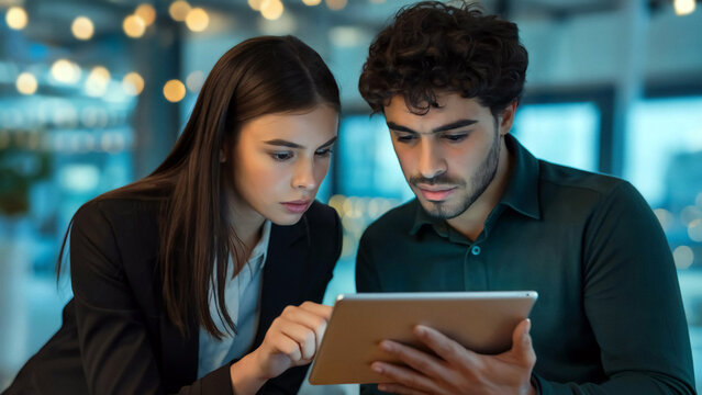 Young professionals collaborating intently on a digital tablet in a modern softly lit office environment - Powered by Adobe