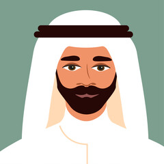Portrait of a young Arab man with a beard. Middle Eastern Ethnicity businessman in national clothes. Vector flat illustration.