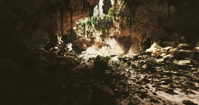 Sunlight streams into a large cave illuminated by vibrant green plants. The rocky ground is scattered with stones and a hint of water reflects the natural beauty.