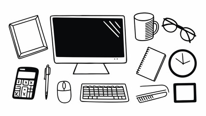 Minimal doodle set of 10 desk items vector illustration scalable workspace icons