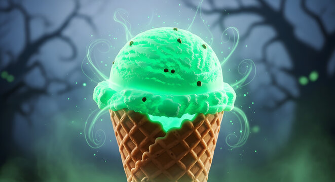 Glowing green ice cream cone with dark sprinkles and magical swirls. - Powered by Adobe