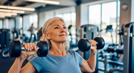 Fototapeta premium A beautiful, smiling senior woman with gray hair is focused on her strength training, lifting dumbbells in a bright, modern fitness center