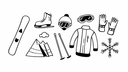 Hand-drawn vector doodle set of skiing and snowboarding winter sports equipment icons