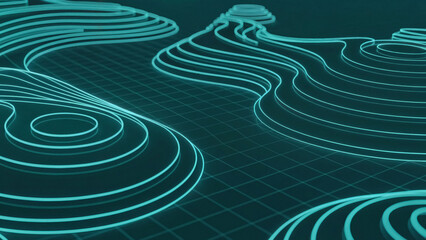 Futuristic topographic map visualizations with glowing neon lines and grid patterns