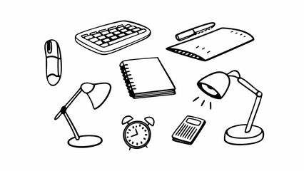Hand-drawn doodle workspace organization items vector set scalable illustration