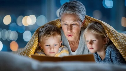 Bedtime Story: A close-up shot capturing a grandmother reading a bedtime story to her grandchildren beneath a cozy blanket, creating a heartwarming scene of family time and togetherness. - Powered by Adobe