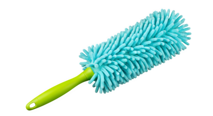 Bright blue feather duster with green handle isolated on transparent background