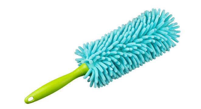 Bright blue feather duster with green handle isolated on transparent background