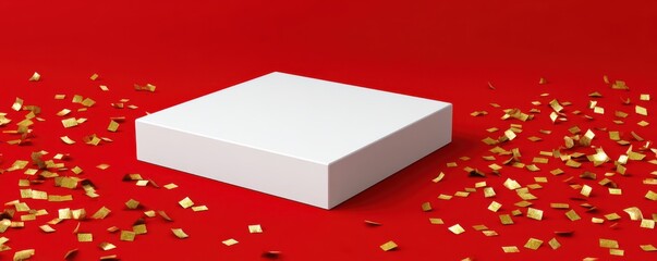 Elegant white podium platform with golden confetti on red background for celebration design