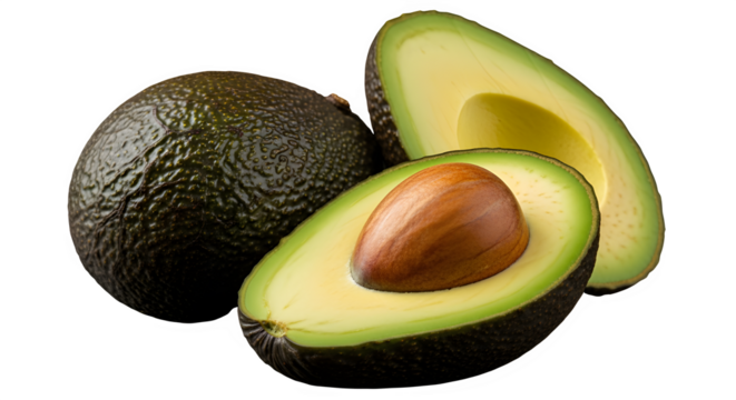 Fresh whole and halved avocados isolated on transparent background