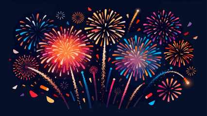 This vibrant illustration shows a colorful fireworks display against a starry dark sky, with various flower and spiral-shaped bursts in hues of red, yellow, pink, and blue, capturing a festive,