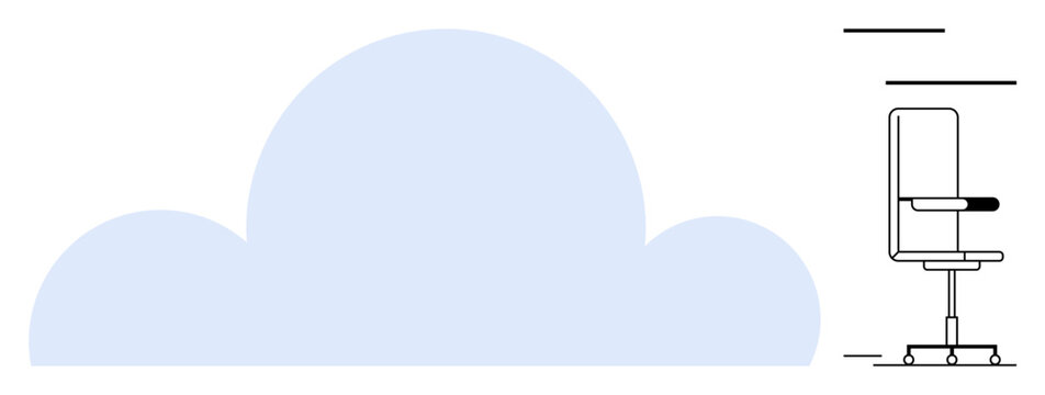 Large cloud shape and office chair with armrests symbolize connection, work setup, and productivity balance. Ideal for technology, remote work, collaboration, innovation, workplace ergonomics