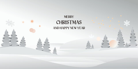 Winter Christmas and New Year Snowy Landscape Banner with Pine Trees.