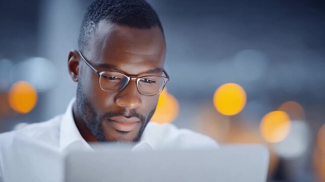 Focused Analysis: A focused professional concentrates intently on his laptop, exuding intellectual curiosity and dedication, illuminated by a warm, soft glow.