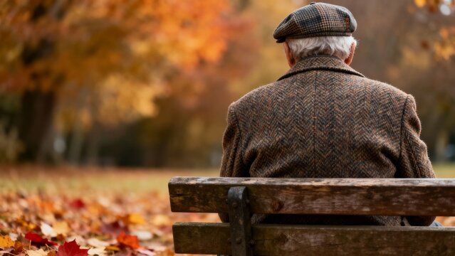 Pensive senior man sitting alone on a wooden bench in a park filled with autumn leaves, rear view
