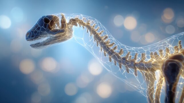 Digital Illustration of a Dinosaur Skeleton with Network Overlay and Light Effects