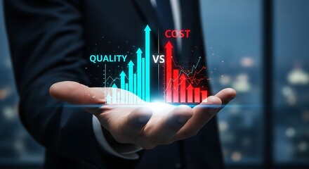 Visualizing quality versus cost with upward trending graphs in a hand, perfect for data driven marketing and business strategy presentations