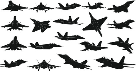 Black silhouette vector set of military fighter jets, war planes, and air force aircraft, symbolizing defense, aviation technology, power, and high-speed flight.