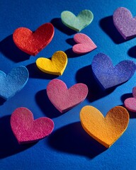 Obraz premium colorful paper hearts scattered on blue surface