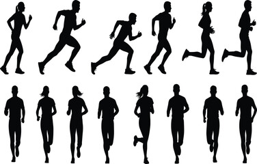 Large vector set of diverse running and jogging silhouettes for male and female athletes, capturing various speeds and poses for marathon and fitness graphics.