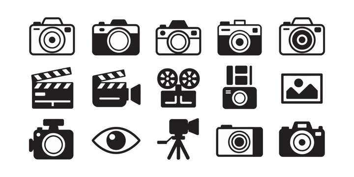 Photography and videography icons collection featuring cameras, film production gear, clapperboards, and media symbols Vector