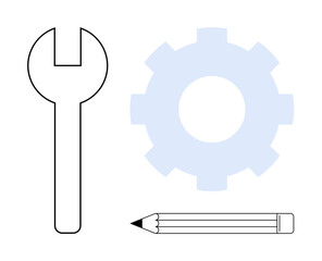 Wrench, gear, and pencil symbolizing mechanical repair, planning, creativity, engineering, technical work, collaboration and development. Ideal for industry education teamwork and modern