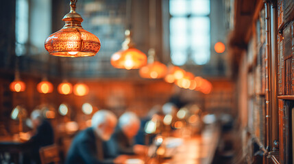 A warm, atmospheric Islamic study library with ornate hanging lamps illuminating long wooden tables where elderly men read and study, surrounded by tall bookshelves and soft golden light. 