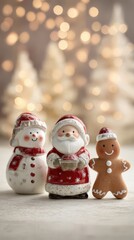 Festive christmas scene with santa claus, snowman, and gingerbread figure for holiday decor