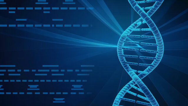 Dynamic blue DNA helix with abstract data streams symbolizing scientific discovery and innovation