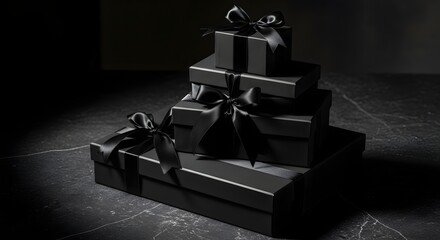 Sophisticated black gift boxes tied with satin ribbons for elegant celebrations, perfect for luxury brands and exclusive promotions or special occasions