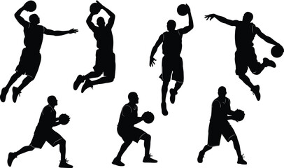 Dynamic Basketball Players Silhouettes Set, Capturing Jumping, Dribbling, and Shooting Action Poses for Sports, Competition, and Athletic Performance Concepts, Isolated on White Background.