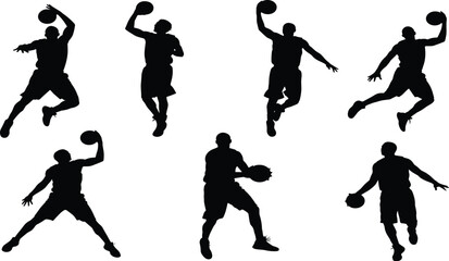 Vector set of dynamic basketball player silhouettes capturing action poses like jumping, shooting, and dunking, perfect for sports design and team athletics promotion.