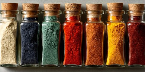 Colorful spices in corked glass jars creating a palette