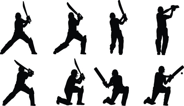 Vector set of dynamic cricket batsman silhouette players showcasing various shots, including forward defense and sweeping action for sport graphics and competition design. - Powered by Adobe