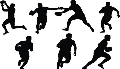 Set of Dynamic Football Player Silhouettes, Illustrating Running, Catching, and Passing Actions for Sports, Athletics, and Competitive Team Game Concepts, Isolated on White Background.