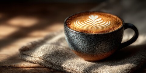 Coffee mug with latte art on wooden table