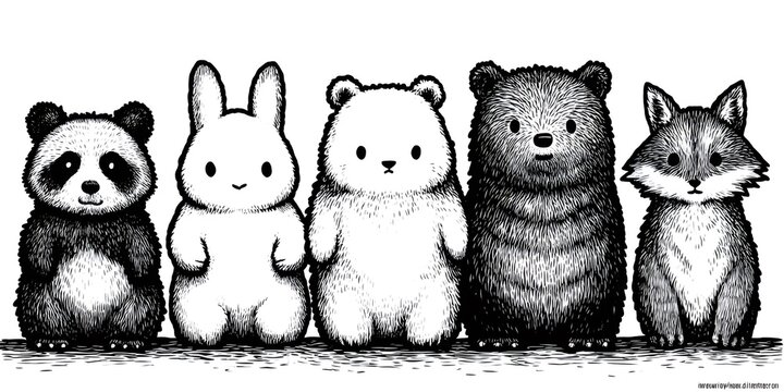 Cute cartoon animal drawing group in black and white