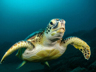 Obraz premium Majestic sea turtle gracefully swimming in ocean depths, a symbol of endurance and tranquility, perfect for conservation or travel related projects