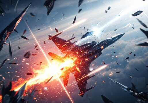 Exploding fighter jet in mid air isolated on white background