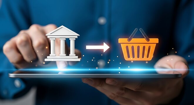 Banking to Shopping Online with Ease on Tablet - Visualize financial transactions with a seamless transition to e-commerce, illustrating digital convenience