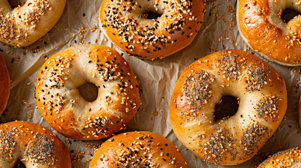 Variety of artisan bagels with toppings (sesame, everything seasoning), arranged neatly on parchment paper