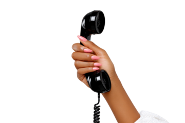 Communication in Hand: An elegant hand, adorned with stylish nails, holds a classic telephone receiver, a symbol of communication, connection, and ready access.