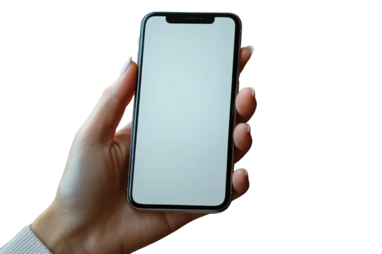 Smartphone in Hand: A close-up shot of a hand holding a modern smartphone, showcasing its sleek design and blank screen, perfect for illustrating technology and communication.