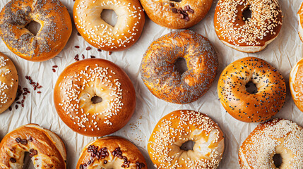 Variety of artisan bagels with toppings (sesame, everything seasoning), arranged neatly on parchment paper