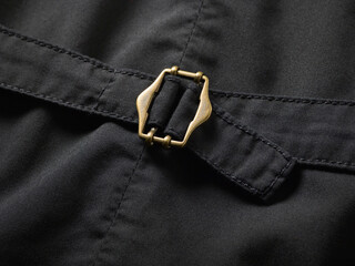 Close-up of a brass buckle on a dark fabric with detailed stitching.