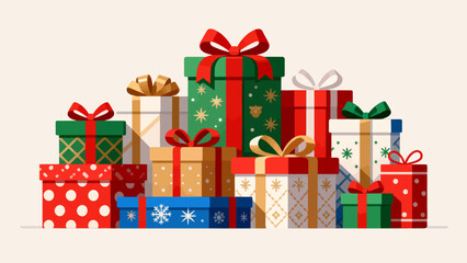 Fototapeta premium This festive illustration shows a colorful pile of gift boxes with various patterns (stars, snowflakes) and vibrant ribbons, creating a cheerful, holiday-themed scene perfect for celebrations.