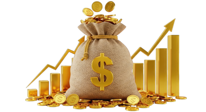 Money bag, gold coins, and growth chart isolated on transparent background