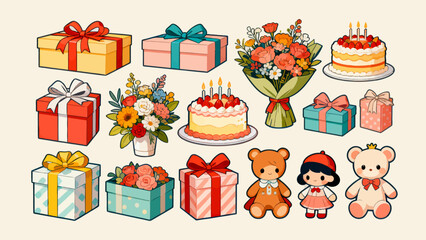 This festive illustration shows a colorful pile of gift boxes with various patterns (stars, snowflakes) and vibrant ribbons, creating a cheerful, holiday-themed scene perfect for celebrations.