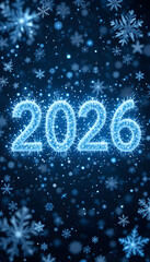 2026 text made of glowing ice and snowflakes on dark mobile Wallpaper background numbers year
